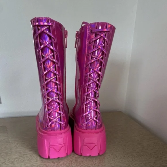 Dolls Kill Pink Iridescent Holographic Lace-Up Combat Boots Chunky Platform - Picture 3 of 5